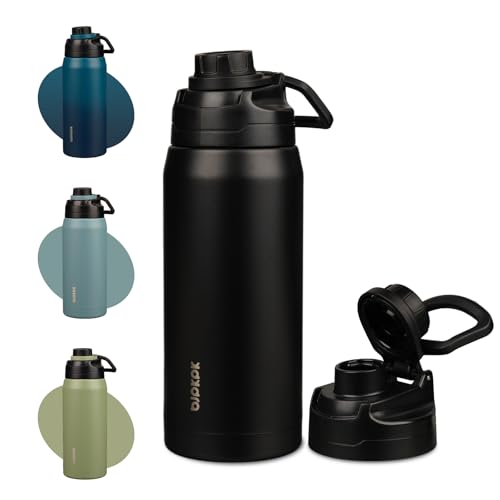 Image of BJPKPK 36 oz Insulated Water Bottle, Leakproof Stainless Steel Jug | Double Wall Vacuum, Keeps Hot /Cold, BPA Free, Dishwasher Safe, Wide Mouth, Spout Lid, Carry Handle, Travel & Hiking, Black