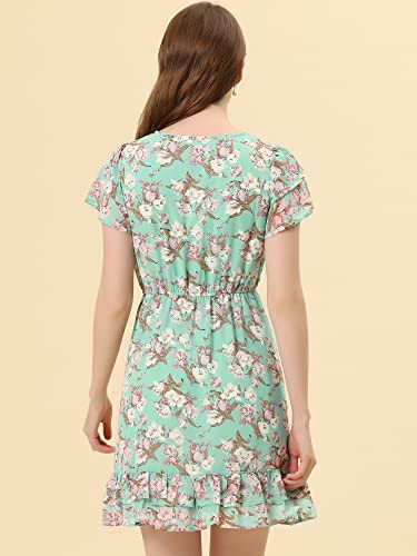 Image of Allegra K Women's Ruffle Sleeve Self-Tie V Neck Flowy Ruffled A-Line Floral Chiffon Dress