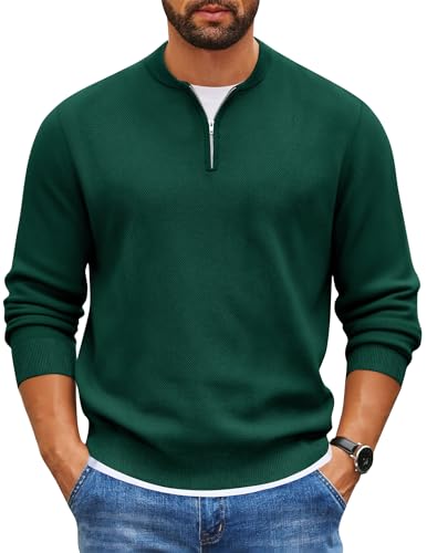 COOFANDY Mens 3/4 Zip Up Pullover Long Sleeve Slim Fit Dressy Sweater Bussiness Casual Work Office Golf Sweaters Green