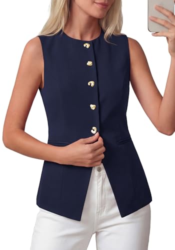 BTFBM Blazers for Women Vest Tops Business Casual Outfits Button Down Sleeveless Pockets Office Work Clothes Spring 2026(Navy Blue Medium)