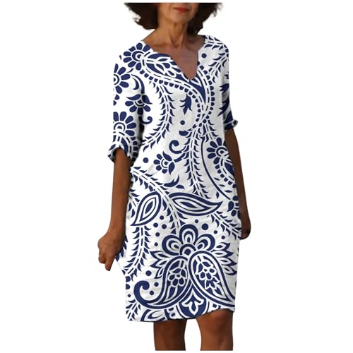 Leinenkleid Damen V-Ausschnitt 3/4 Ärmel Sommerkleid A-Linie Leinenkleider Baumwolle Leinen Knielang Sommer Kleid Blusenkleid Freizeitkleid...