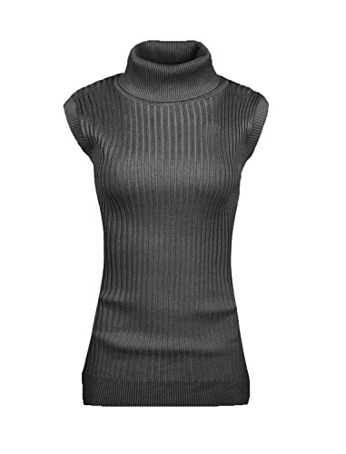 v28 Women Sleeveless High Neck Turtleneck Stretchable Knit Sweater Top (M, Dark Grey)
