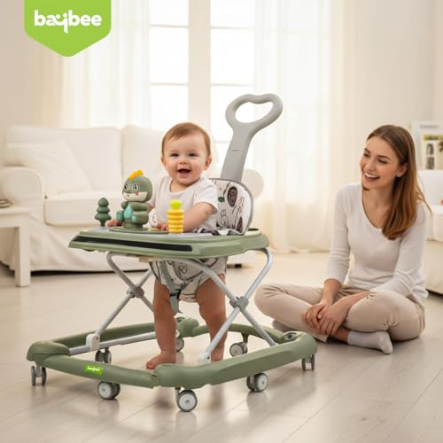Image of Baybee 3-in-1 Convertible Baby Walker for 6-18 Months with Rocking Mode, Removable Toy Bar, Inbuilt Music, 3-Level Height Adjustment, Smooth Wheels & Parental Handle | Foldable Infant Activity Walker with Cushioned Seat (Green)