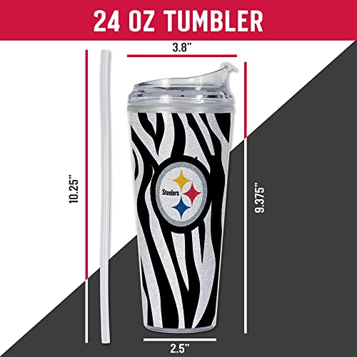 Image of Rico Industries NFL Football Glitter 24oz Acrylic Glitter Tumbler with Hinged Lid, Officially Licensed Double Wall Tumbler with Straw