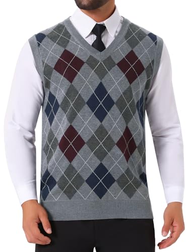 Men's Casual Knit Sleeveless V-Neck Plaid Argyle Sweater Vest