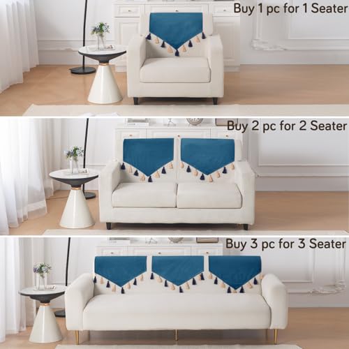 Image of HOKIPO Premium Holland Velvet Sofa Backrest Cover with Tassels - 'TasselTone Series', Sea Blue (IN-1103-BL)