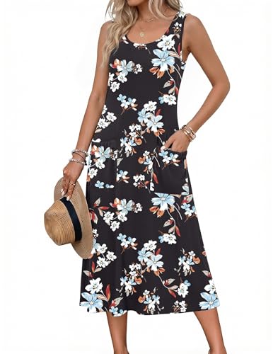 Image of Zeagoo Womens Summer Midi Dresses 2026 Casual Sleeveless Tank Sundresses A Line Crewneck Beach Vacation Dress with Pockets