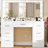 FIONESO Vanity with Large Mirror and 12 LED Lights, Vanity Desk with 7 Drawers & Hairdryer Holder, Makeup Vanity Desk with Charging Station for Women, Girls, 3 Lighting Color Adjustable, White