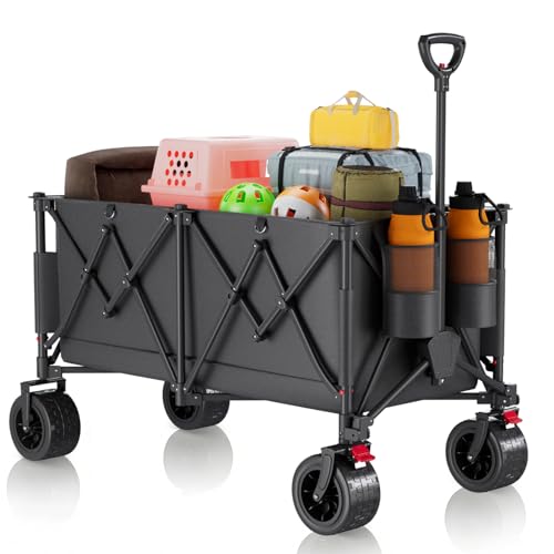 TRIUMPHKEY Bollerwagen Faltbar 260L 150KG Belastbar, Faltbarer Bollerwagen Geländetauglich mit Bremsen und Extra Breite Reifen All Terrain Bollerwagen, Grau
