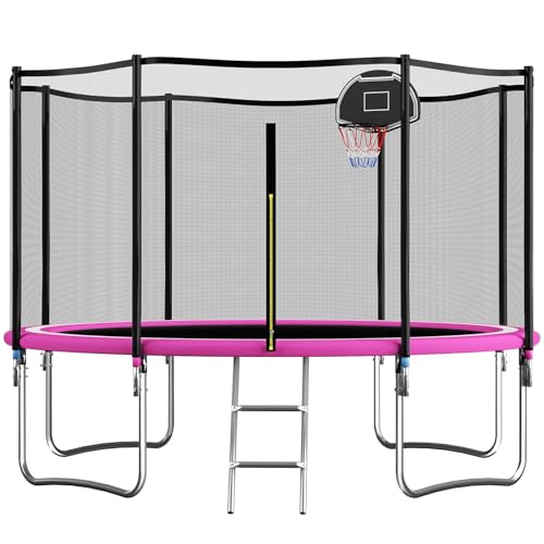 Redkid, Trampolín para exteriores, diámetro de 305/366 cm, cama elástica para niños con red de seguridad, escalera, canasta de baloncesto, capacidad de carga de 440 libras (12FT-1PK)