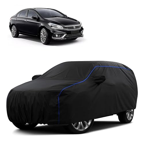 Image of Sulfar 100% Water Resistant Car Body Cover Compatible with Mirror for Maruti Suzuki Ciaz (Triple Stitched, Full Bottom Elastic, Black Tafetta with Blue Piping)