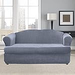 SureFit Stretch Pinstripe T-Cushion Loveseat Two Piece Slipcover, Form Fit, Polyester/Spandex, Machine Washable, French Blue Color - Image 4