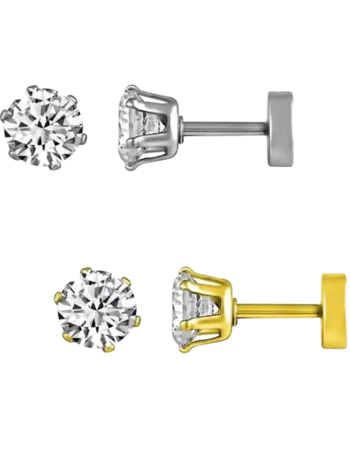 Crystal Zirconia Stud Earrings for Men, Silver and Gold Plated, 2 Pieces