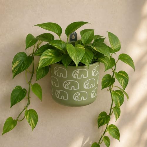 Image of Urban Upvan Elephant Printed Green Terracotta Wall Planter - Premium Decorative Planter for Indoor & Outdoor Plants, Modern Elegant Flower Pot for Home, Garden & Office