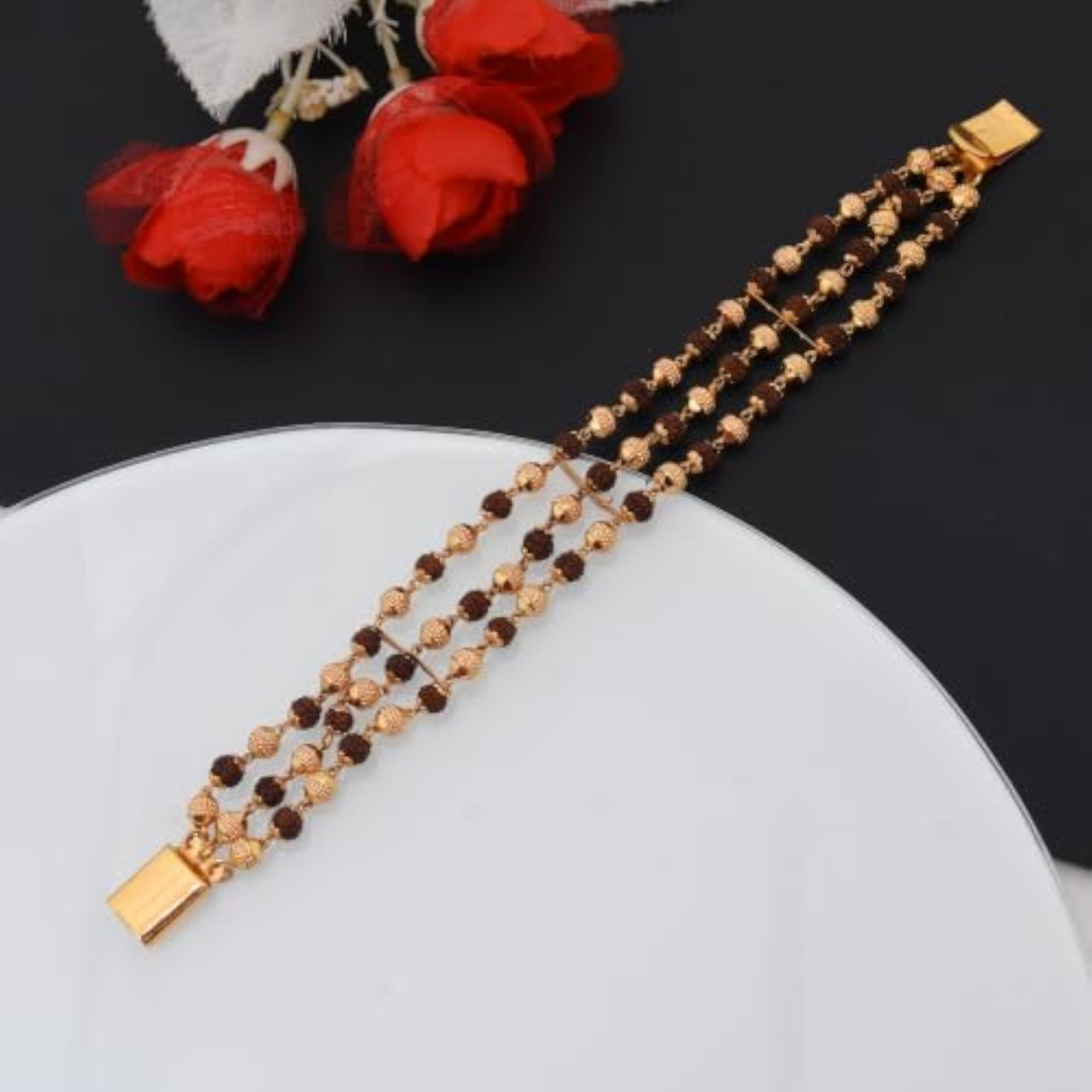 3 Line Gold Plated Rudraksha Bracelet, Brown Fancy Design
