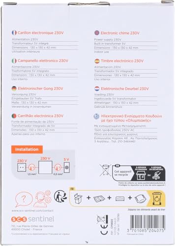 SCS Sentinel CFI0025 - Elektronischer kabelgebundener 230V Türgong mit integriertem 5V Transformator - 8 Melodien-Material ABS-Innenraum- ElektroBell, Weiß
