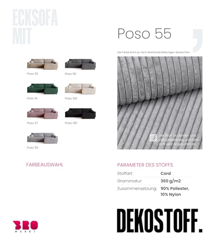 BROMARKT Sofa mit Schlaffunktion Couch L Cordstoff Sofa Bettkasten Schlafsofa für Wohnzimmer Ecksofa freistehend Adi XL Relaxsofa 3 sitzer 272x143x85 cm Hellgrau