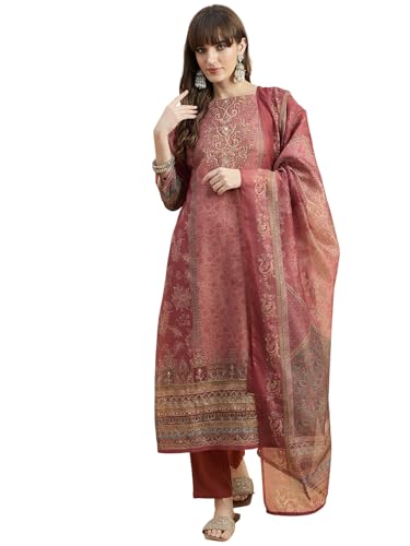 Image of SheWill Kurta Sets for Women - Red Rayon Aari Hand Work with Digital Floral Print Kurta with Pant and Chanderi Dupatta |Stylish Printed Summer Kurti Set