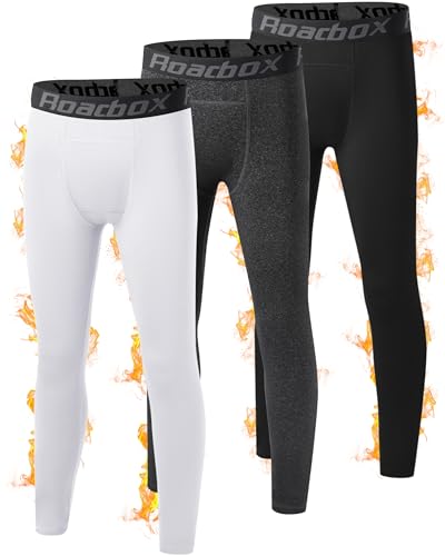 Roadbox Youth Boys' Thermal Compression Pants, 3 Pack Fleece Lind Tights Athletic Leggings, Cold Weather Base Layer for Football Basketball Baseball