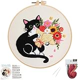 Nuberlic Black Cat Flowers Embroidery Kits for Beginners, DIY Cross Stitch Starter Craft Kits for Adults Including Cloth with Pattern, Hoop, Needles Instruction and Threads
