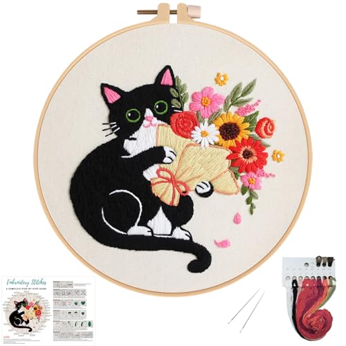 Image of Nuberlic Black Cat Flowers Embroidery Kits for Beginners, DIY Cross Stitch Starter Craft Kits for Adults Including Cloth with Pattern, Hoop, Needles Instruction and Threads