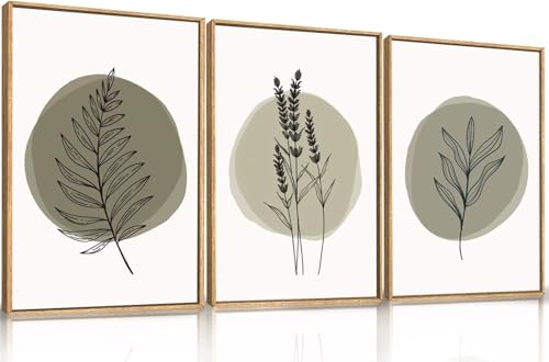 TOARTi Sage Green Leaves Framed Canvas Wall Art Set, Nature Boho Botanical Wall Decor, Modern Minimalism Leaf Wall Painting,Mid Century Plant Art Prints for Living Room Bedroom Farmhouse 12x16inchx3