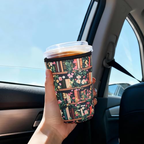 Image of Reusable Insulated Sleeve for Iced Coffee Cup, 3-Pack Coffee Neoprene Drink Sleeve for Cold & Hot Drinks, Beverage Holder for Iced Coffee (Bookish Blooms)