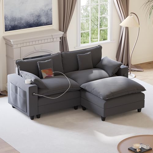 Image of KCGKCG 80.7 inch Modular Sectional Couch, L Shaped Cloud Sofa with Movable Ottoman, Chenille Deep Seat Cloud Couch with Charging Station, Cup Holder, Side Pocket, Sectional Couches for Living Room, Grey