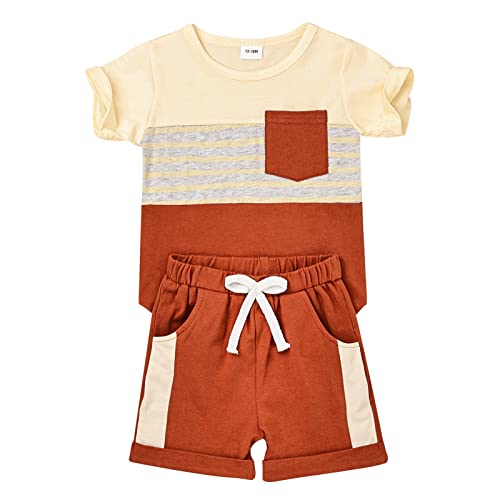 Image of FOCUTEBB Toddler Boy Clothes Summer Patchwork T-Shirt Shorts 2Pc Set 12M-5T | Soft Cotton Short Sleeve Set, Patchwork Design, Comfy Elastic Waist with Pocket, Toddler Boy Summer Casual Daily Wear