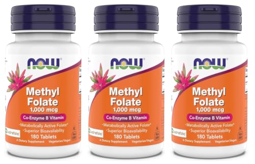 Now Supplements, Methyl Folate 1,000 mcg, Metabolically Active Folate*, Co-Enzyme B Vitamin, 180 Tablets (Pack of 3)