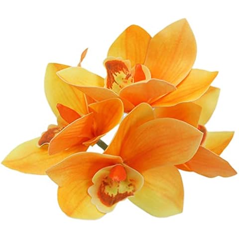 Lily Garden 4 Stems Real Touch Artificial Cymbidium Orchid Bundle Flower (Orange) Cover