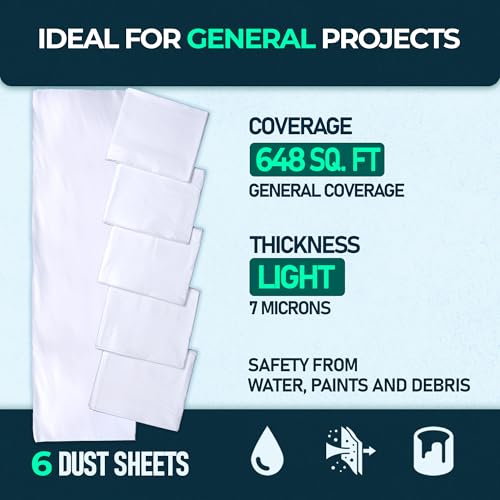 CS 6 Pack Extra Large Plastic Drop Cloth for Painting 12 x 9ft, Clear Tarp Plastic Sheeting, Furniture Covers, Paint Supplies, Painters Plastic Cover, Painting Tools & Accessories