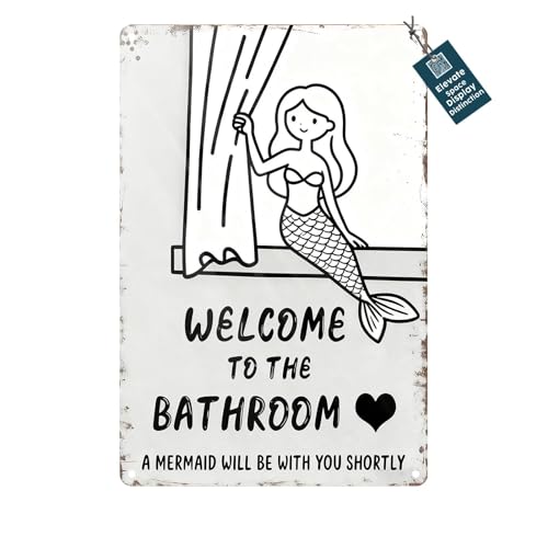 Waltheon Mermaid Decor Funny Bathroom Sign Welcome To The Bathroom A Mermaid Will Be With You Shortly Retro Metal Tin Wall Art For Coastal Beach House 8x12inch