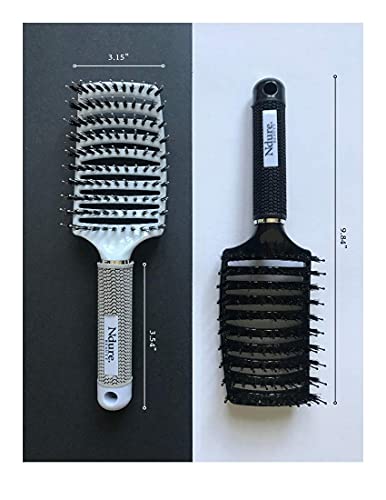 Curved Vented Boar Bristle Styling Hair Brush, Single White Brush Anti-Static Detangler, Wet or Dry Use, Fast Blow Drying, Use on Long or Short Hair. (2 Pack, White & Black)