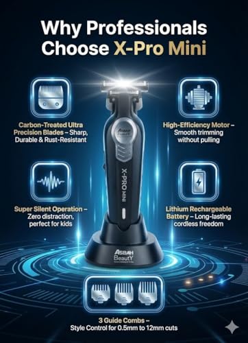 Image of ASBAH Professional X-Pro Mini Hair Clipper - High Efficiency, 3 Guide Combs, Carbon-Treated Precision Blades, Super Silent, Lithium Battery, One-Year Warranty, Lifetime Repairs & Service