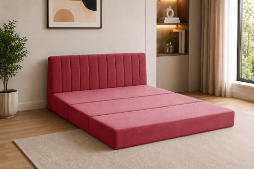 Image of 3-Seater Velvet Sofa Cum Bed | Convertible Sleeper Sofa | Modern Foldable Couch for Living Room, Bedroom & Office | Red