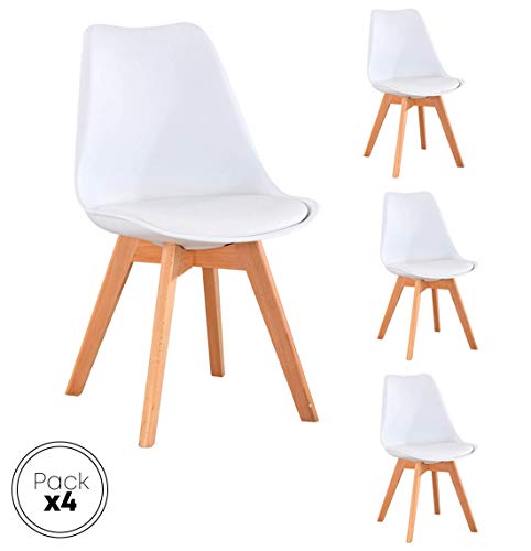 Beat Vintage-20 blanca  Silla patas madera y asiento blanco con cojín estilo nórdico para comedor, cocina , balcón , terraza interior,habitación juvenil, dormitorio, hostelería. Pack de 4 Unidades