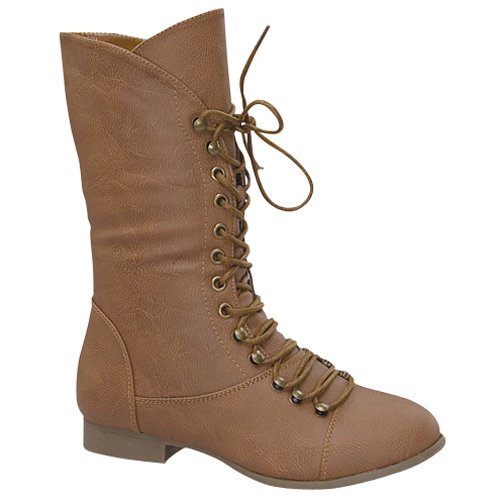 Top Moda COCO-7 Women's Mid Calf Military Lace Up Combat Boots, Color:TAN
