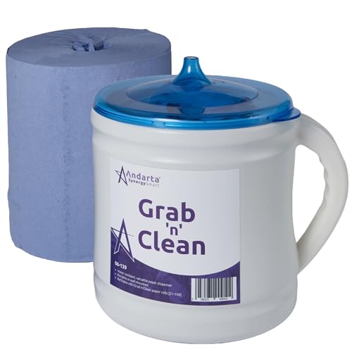 Andarta - Grab n Clean Dispenser Kit - Includes Dispenser & x1 Blue Roll - Portable Wiper Roll Dispenser - Closed System Design with Single Sheet Dispensing - Wall Mountable