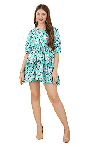 Image of Mini Dress for Women - Fancy Cotton Floral Design Short Dresses Frocks for Girls, Western One Piece Knee Length Dresses for Party, Outing, Casual Wear