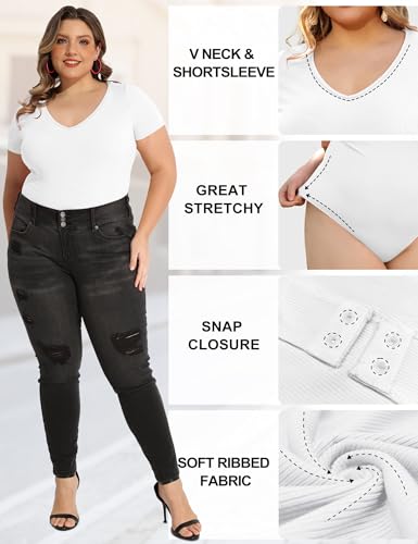 Image of COOTRY Plus Size Short Sleeve Bodysuits for Women V Neck Body Suit Tops Basic One Piece Bodysuit T Shirt