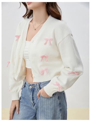 SHENHE Women's Bow Sweater Cardigan Button Down V Neck Lightweight Knit Cropped Cardigan4