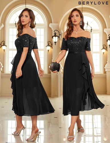 BeryLove Homecoming Sequin Formal Party Dress Off Shoulder Wedding Cocktail Midi Evening Dress2