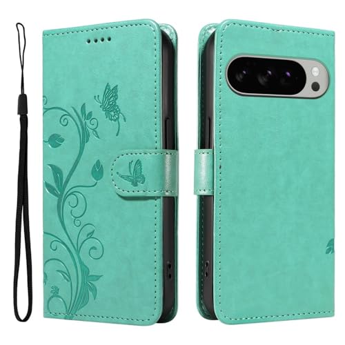 Étui en cuir vert pour Google Pixel 9 Pro 5G avec gravure arbre papillon élégante
