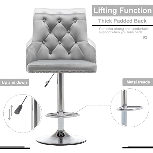Bar Stool Set Of 4 Velvet Adjustable With Tufted Backrest, Counter Height Swivel Stool Upholstered Modern Barstool Chair Chrome Base For Kitchen, Home Bar, Dining Room, (Grey*2) #TOP4