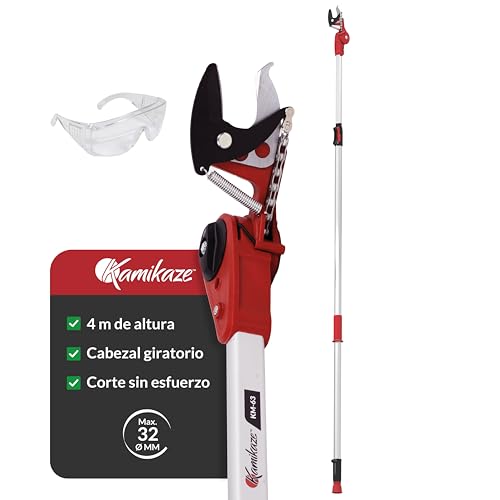 Tijera en Altura Telescópica Pértiga Longitud Ajustable 2.4m a 4m.KAMIKAZE Mecanismo Poleas Reductor de Fuerza. Corte Cabezal Giratorio Cuchillas de acero SK5 hasta 32mm. Corta Ramas Telescopico