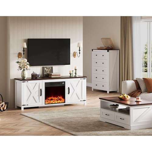 WLIVE Electric Fireplace TV Stand for TVs up to 65", Farmhouse Entertainment Center with X-Shaped Barn Doors & Storage Cabinets, Media TV Console for Living Room, Remote Control, White