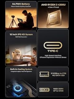 KAIGERR Gaming Laptop, Laptop with AMD Ryzen 4300U(Up to 3.7GHz), 16GB DDR4 512GB SSD Laptop Computer, 16.0inch Windοws 11 Laptop, 1920P FHD Display, WiFi 6, USB3.2, Type_C