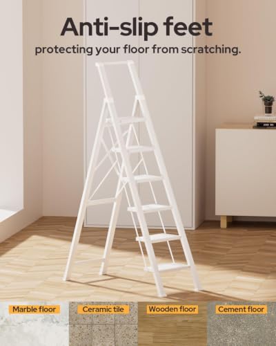 Image of 6 Step Ladder for 12 Feet High Ceiling, Lightweight Aluminum Folding Step Stool with Convenient Handgrip, Stepladders with Anti-Slip and Wide Pedal for Home Use Space Saving - White