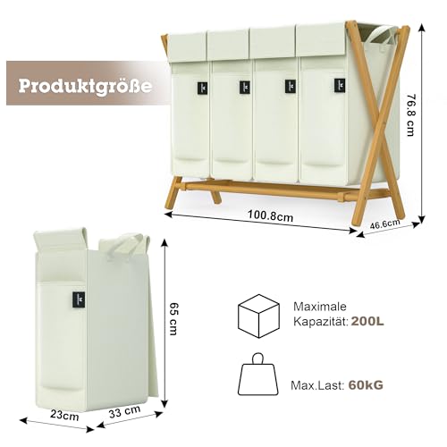 AdelDream Cesto para la colada 4 compartimentos 200L bambú para la ropa sucia madera con tapa estantes de bambú en forma de X 200L color beige - imagen 3